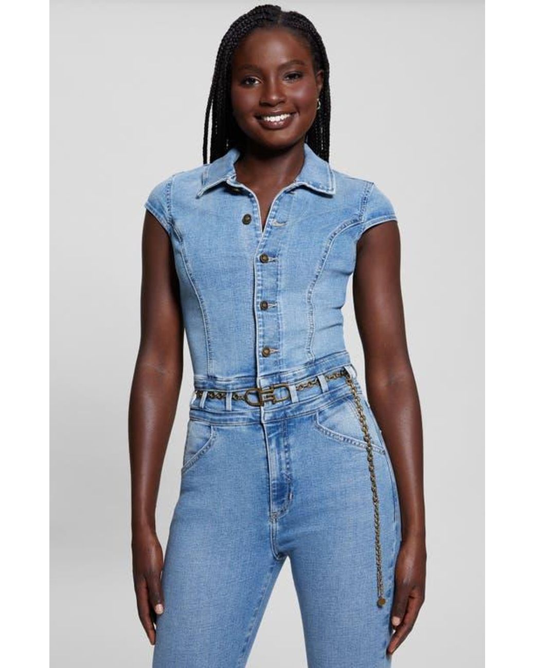 Guess Nova Belted Button Front Denim Jumpsuit in Blue Lyst