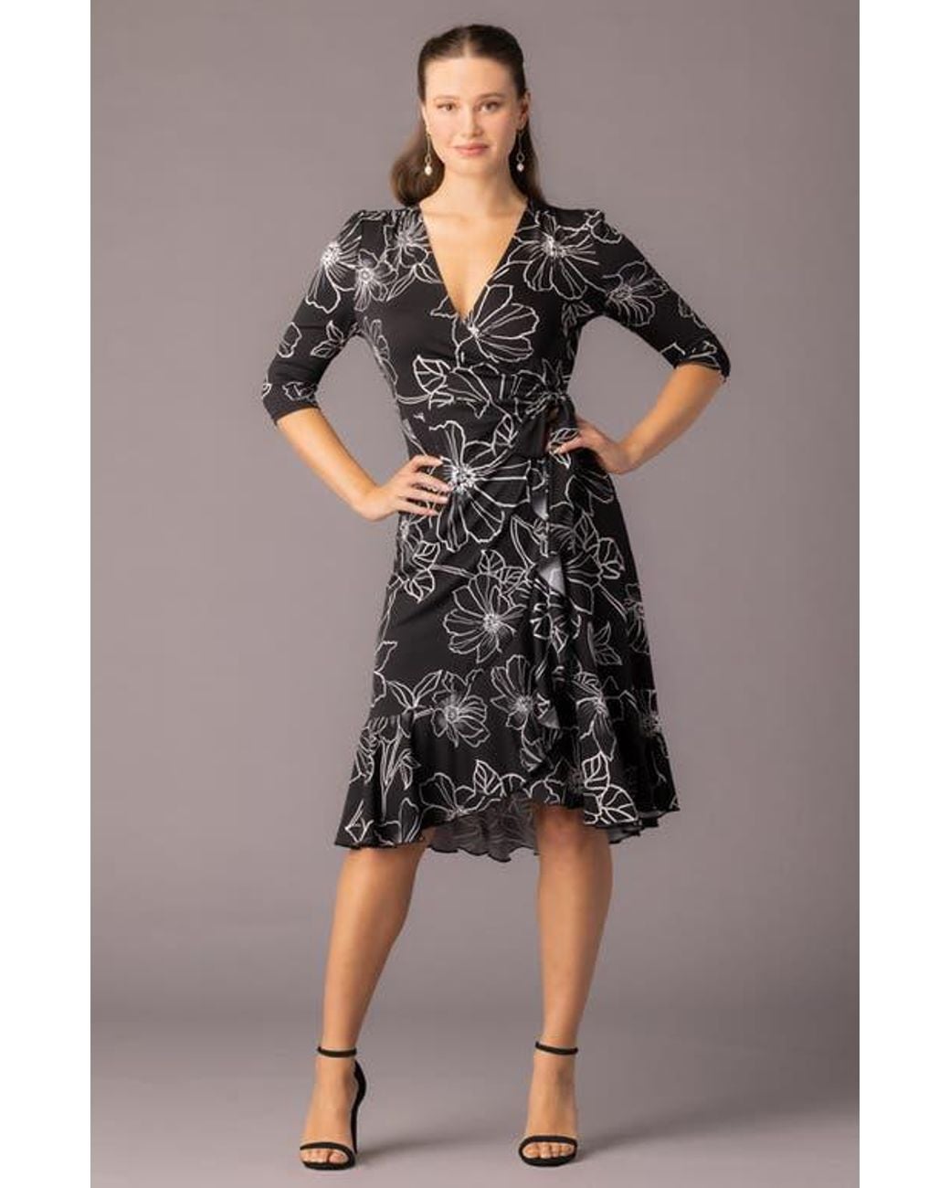 Kiyonna Black Flirty Flounce Midi Wrap Dress With 3/4 Sleeves