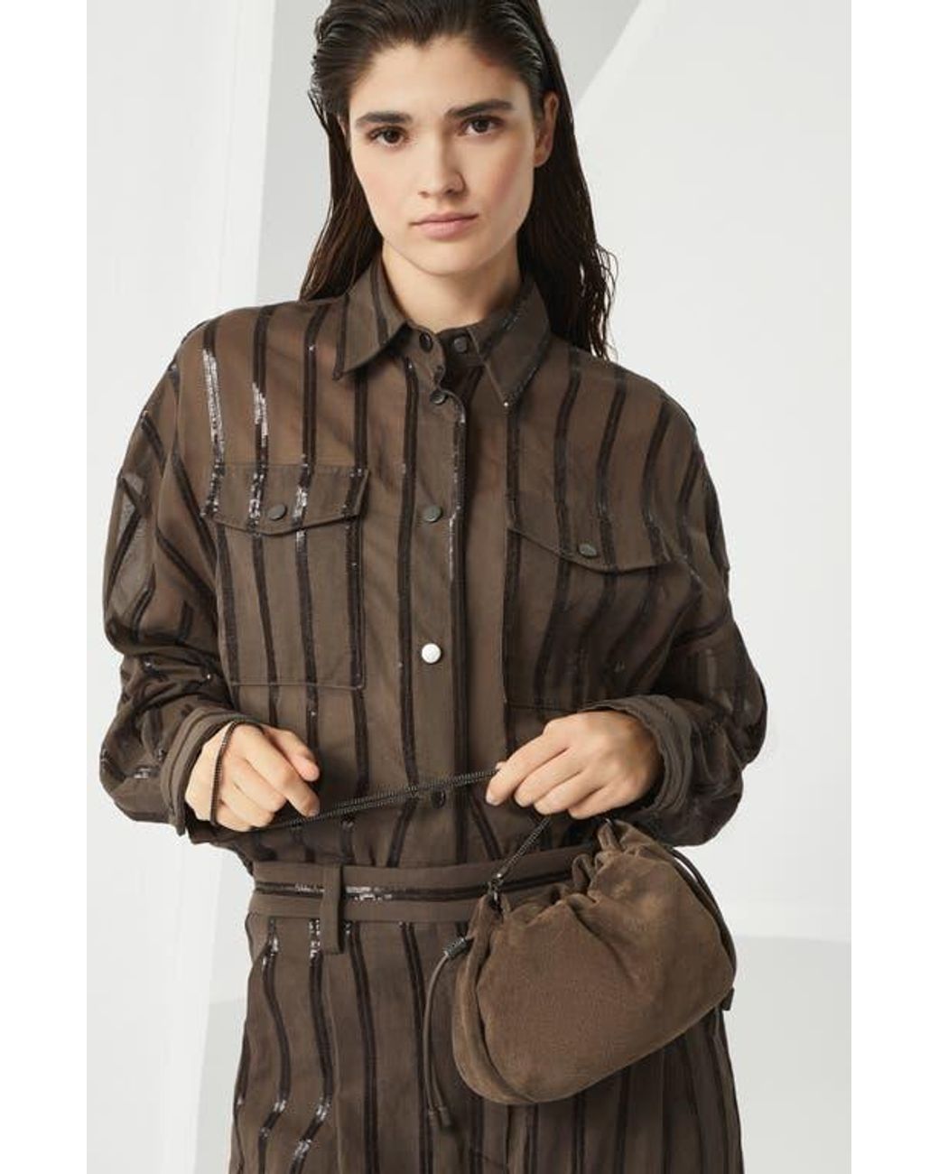 Brunello Cucinelli Suede Mini Mellow Bucket Bag in Brown | Lyst