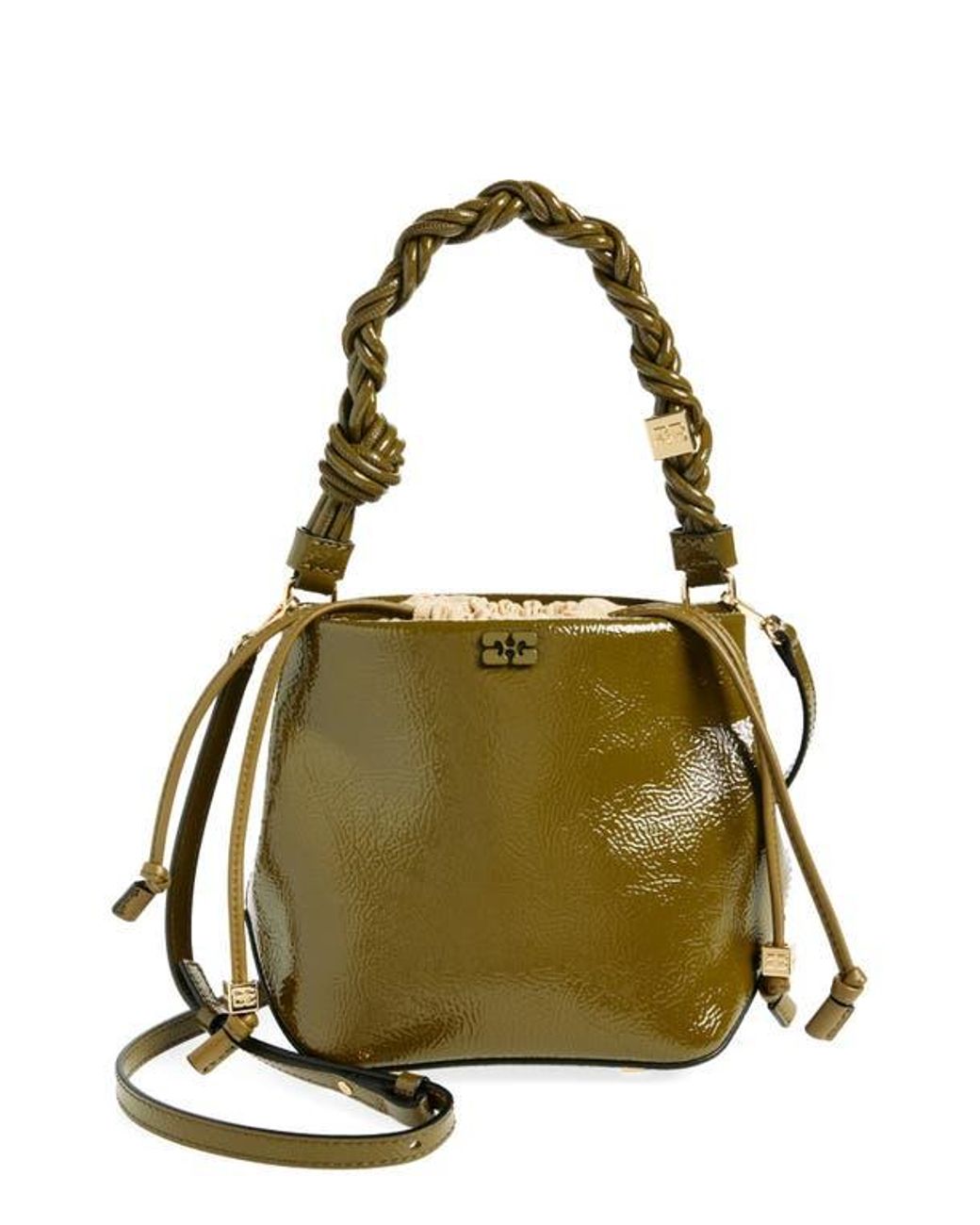Ganni Bou Patent Crinkle Leather Bucket Bag in Green | Lyst