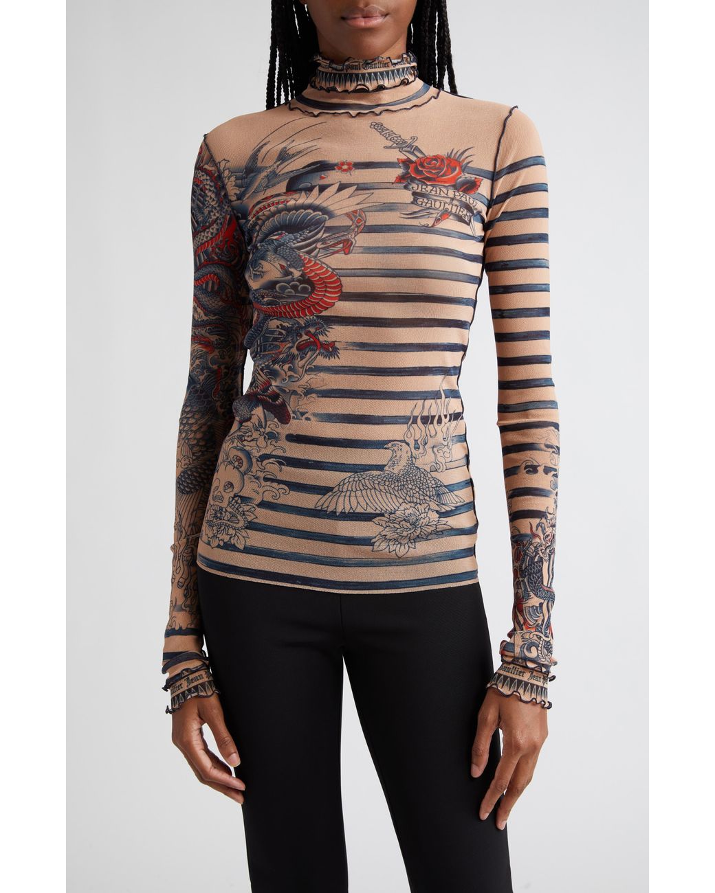 Jean Paul Gaultier Tattoo Stripe Lettuce Edge Semisheer Tulle