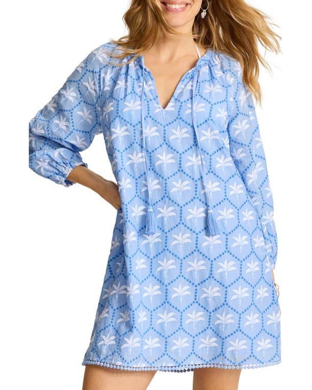 Tommy Bahama Blue Catalina Coast Eyelet Long Sleeve Cover-Up Dress
