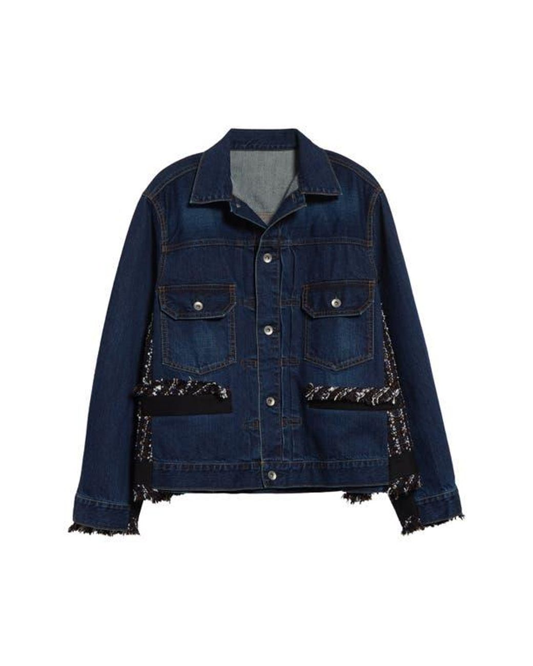 Sacai Mixed Media Denim & Tweed Trucker Jacket in Blue | Lyst