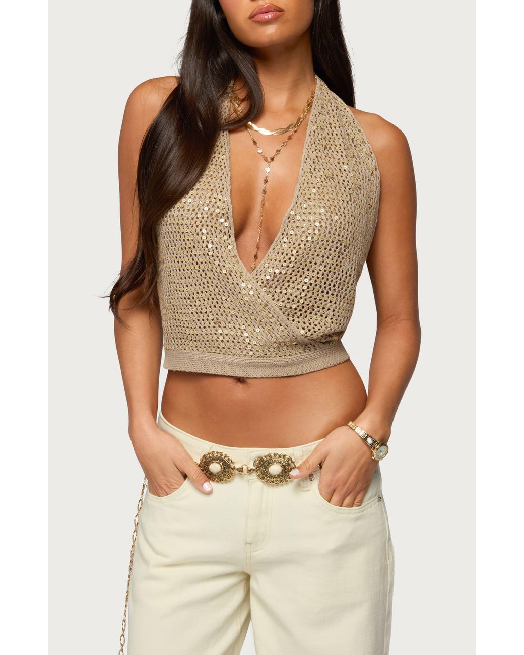 Edikted Metallic Sequin Crochet Halter Top