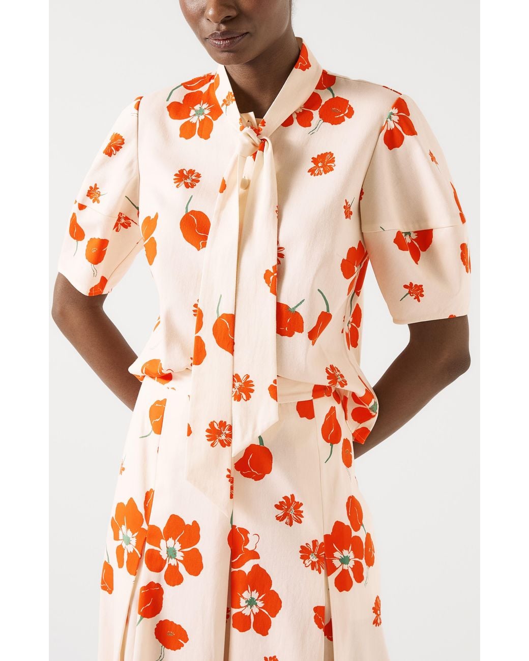 L.K.Bennett Orange Flora Flora Tie Neck Top