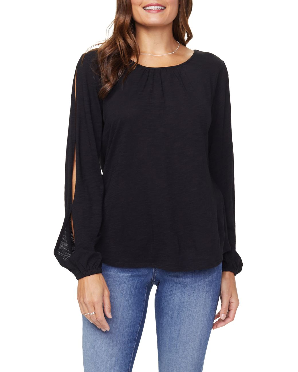NYDJ Split Sleeve Cotton Slub Top in Black Lyst