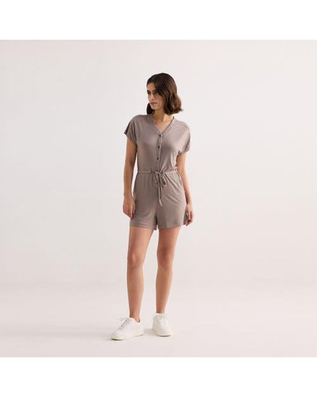 REISTOR Natural V Neck Drawstring Knit Romper