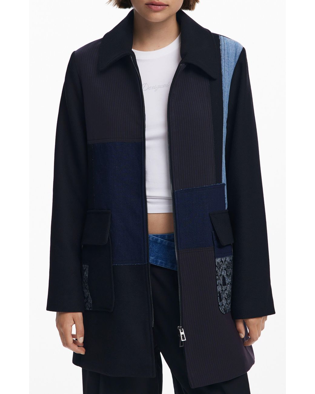 Desigual Blue Patchwork Overcoat