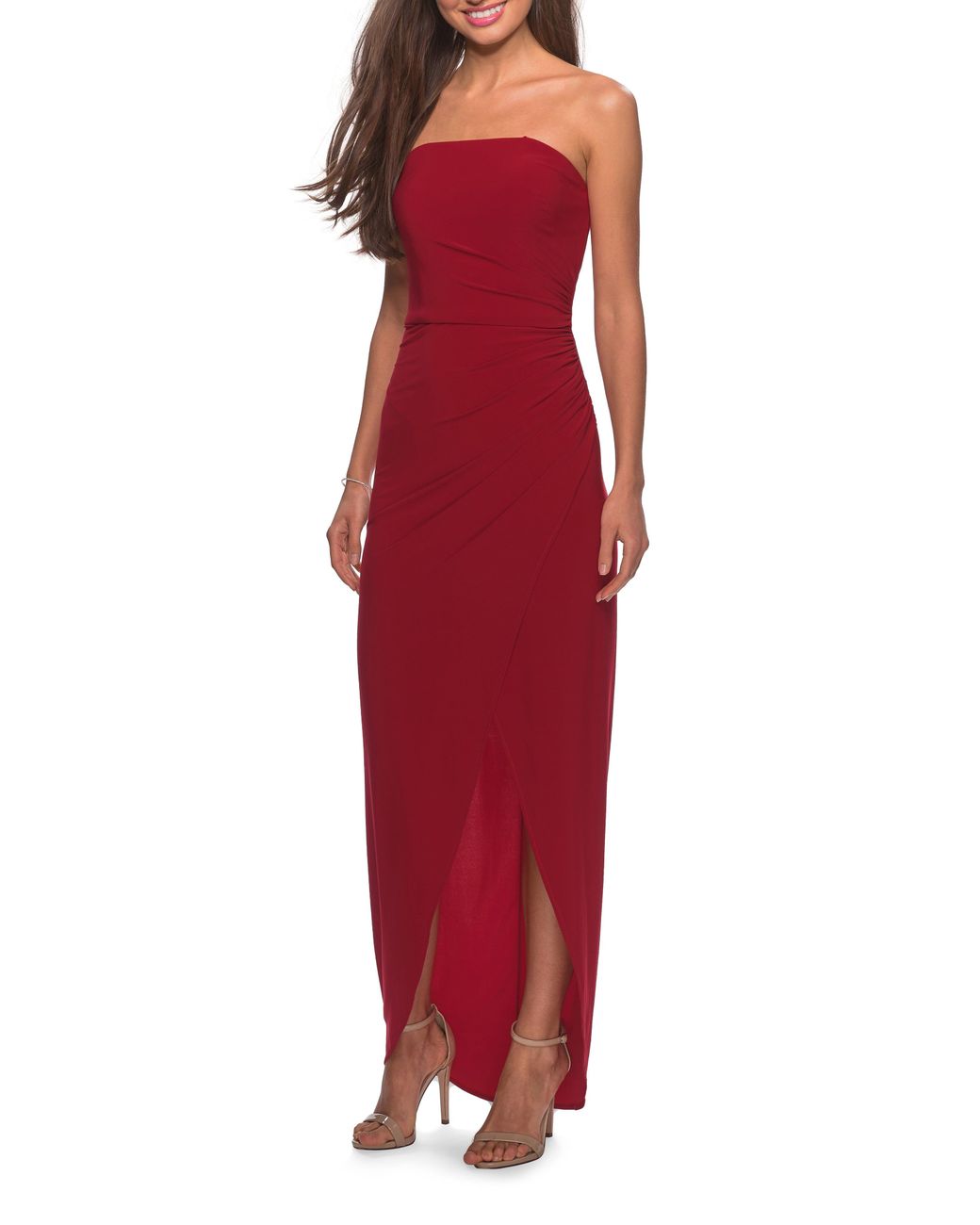 la femme strapless ruched soft jersey gown