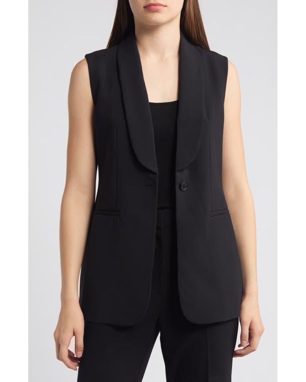 Anne Klein Shawl Collar Belted Vest in Black Lyst