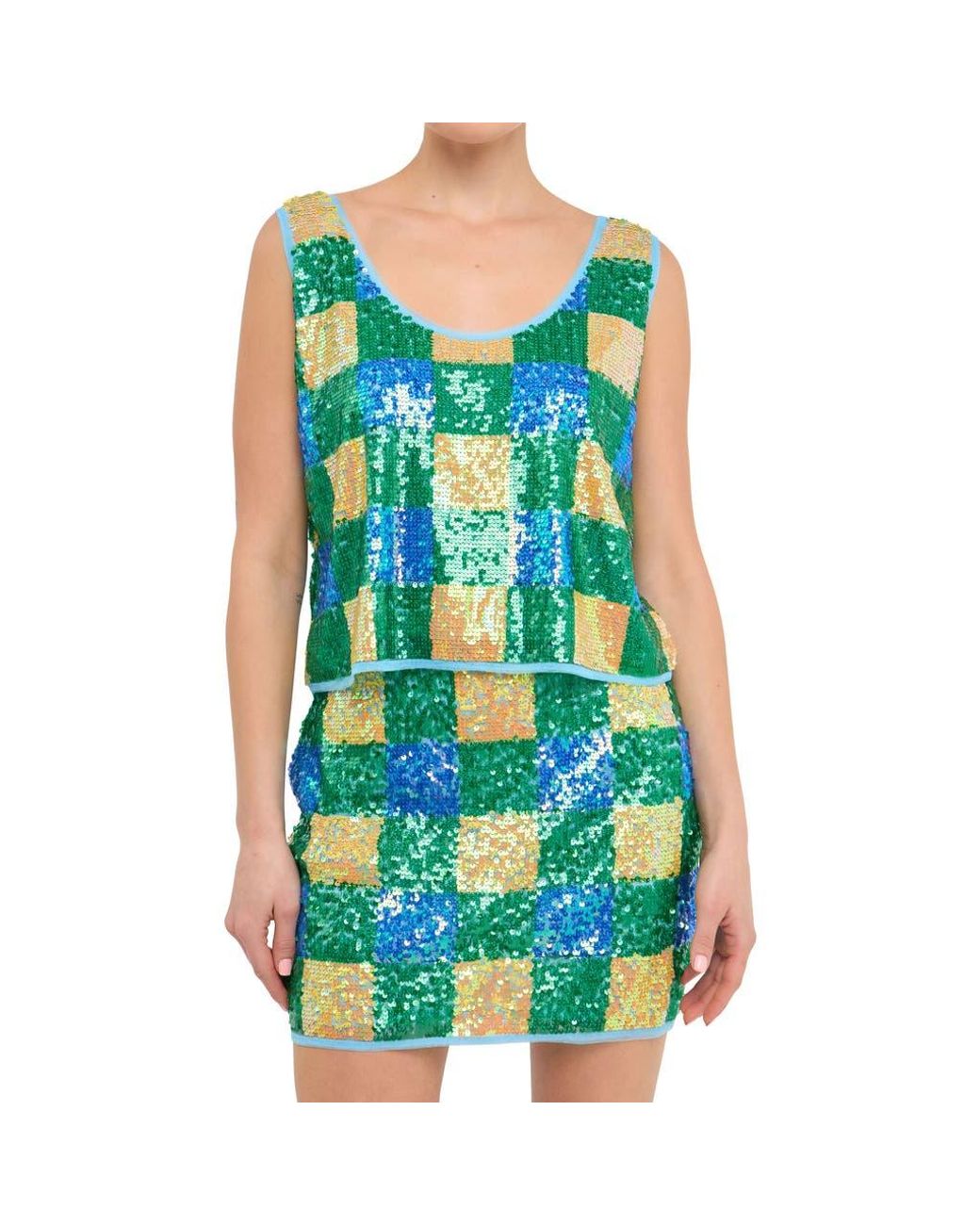 Endless Rose Blue Sequin Check Tank