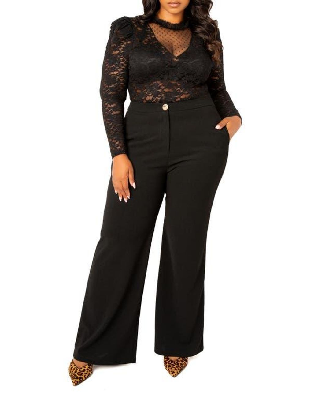 Buxom Couture Sheer Stretch Lace Long Sleeve Bodysuit in Black | Lyst