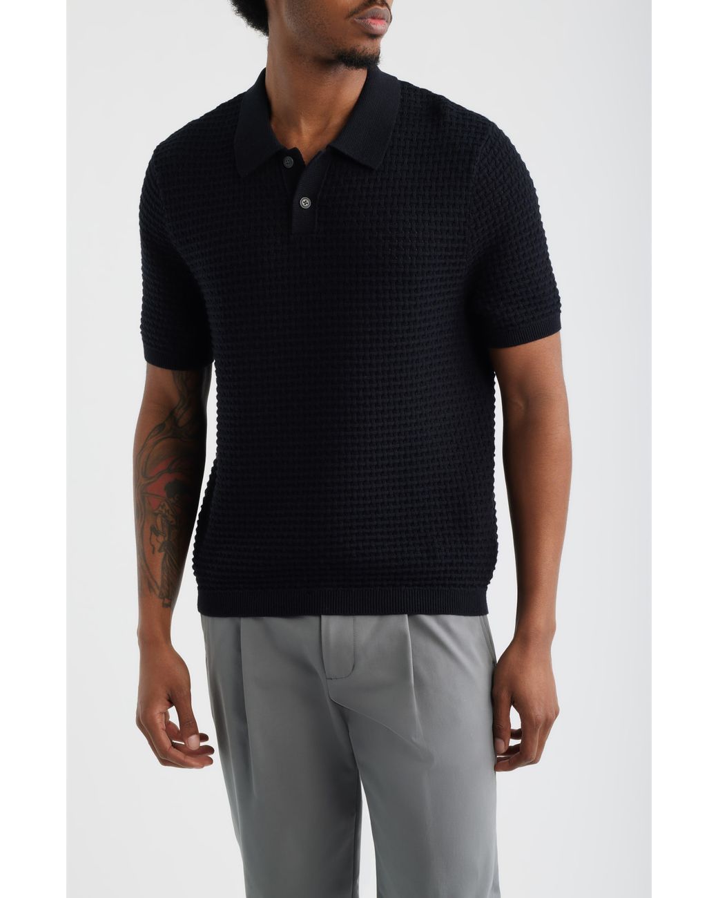 Open Edit Black Texture Knit Polo Top for men