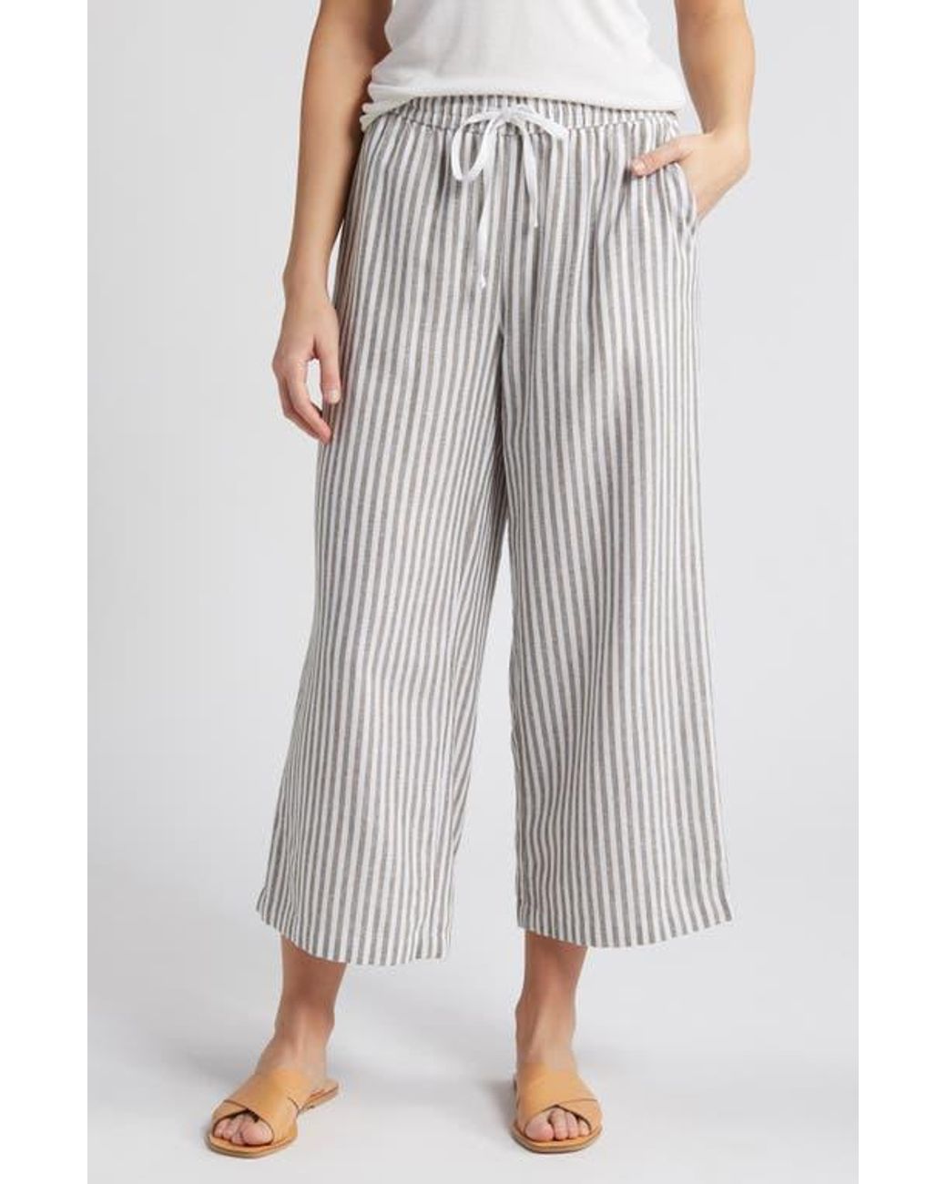 Caslon Stripe Drawstring Wide Leg Linen Blend Pants in Gray Lyst