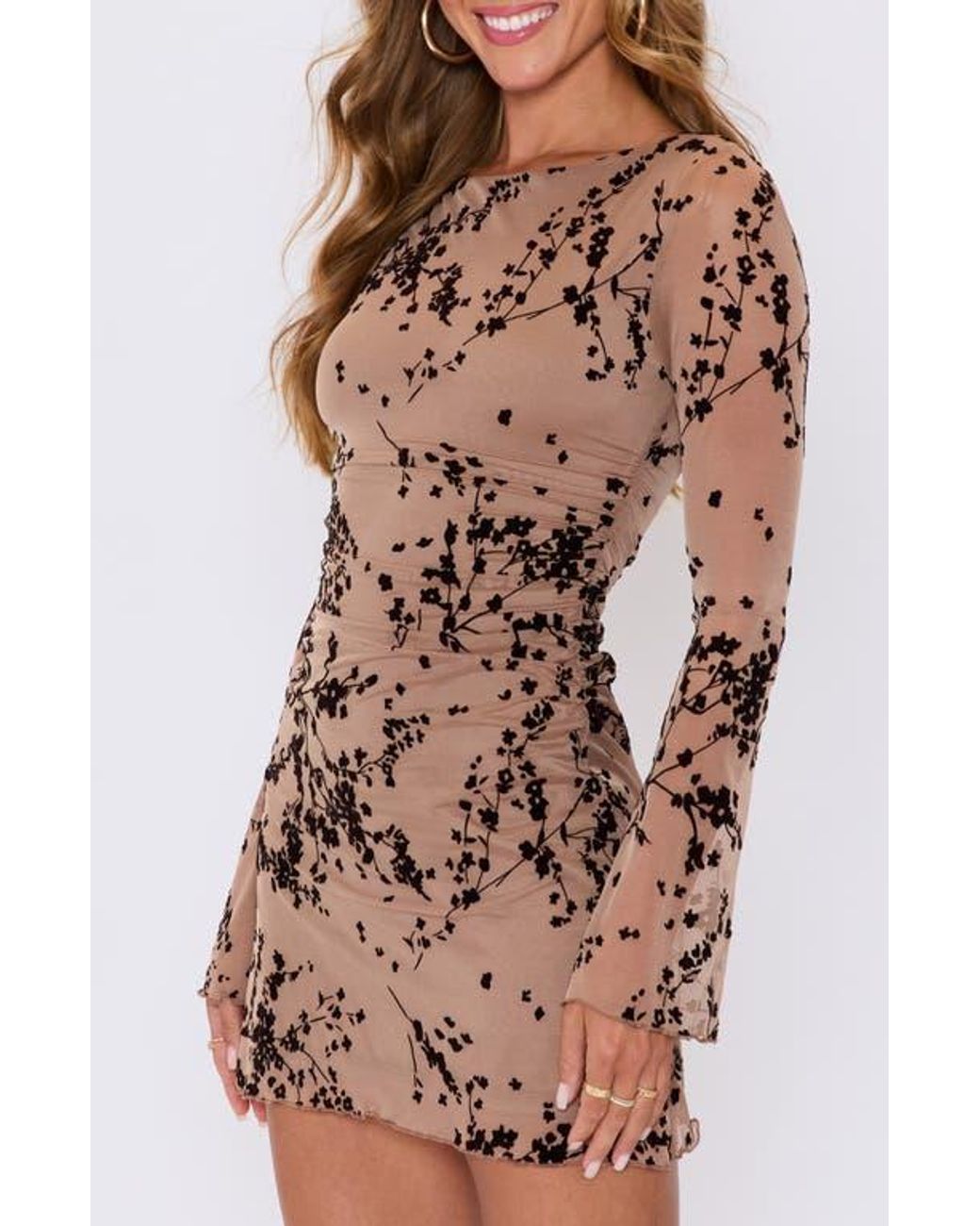 Vici Collection Celeste Floral Velvet Burnout Long Sleeve Minidress in  Brown | Lyst