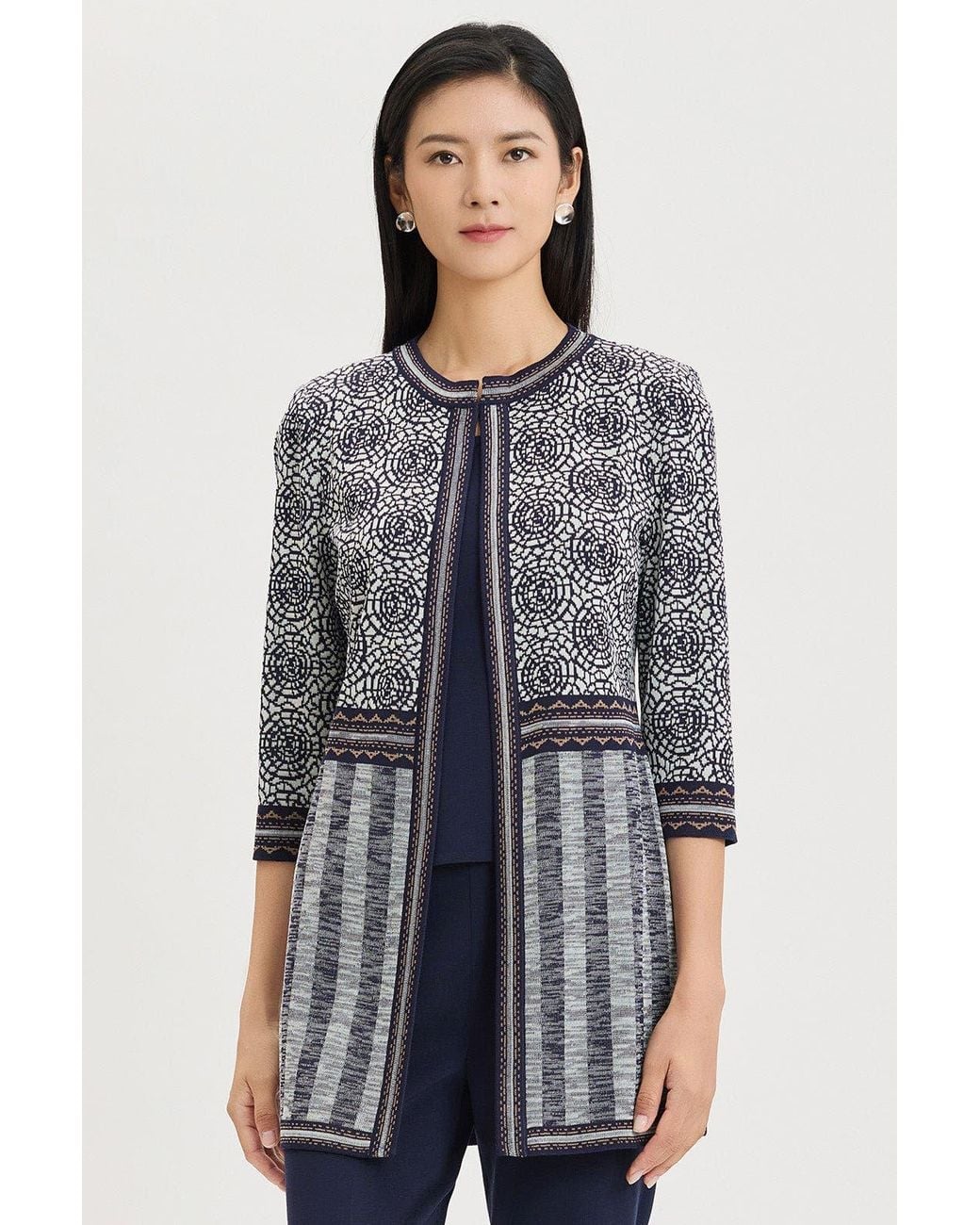 Ming Wang Blue Multi Pattern Jacquard Knit Jacket