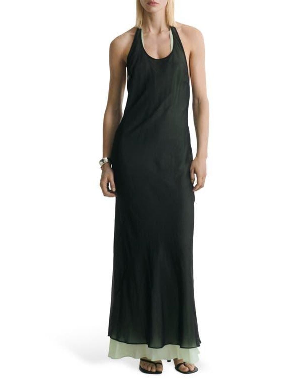 Mango Sheer Layered Halter Dress in Black | Lyst