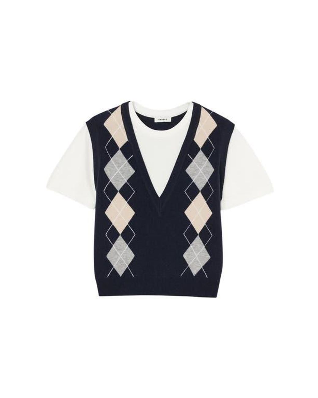 Sandro Blue Argyle Layered Effect Sweater