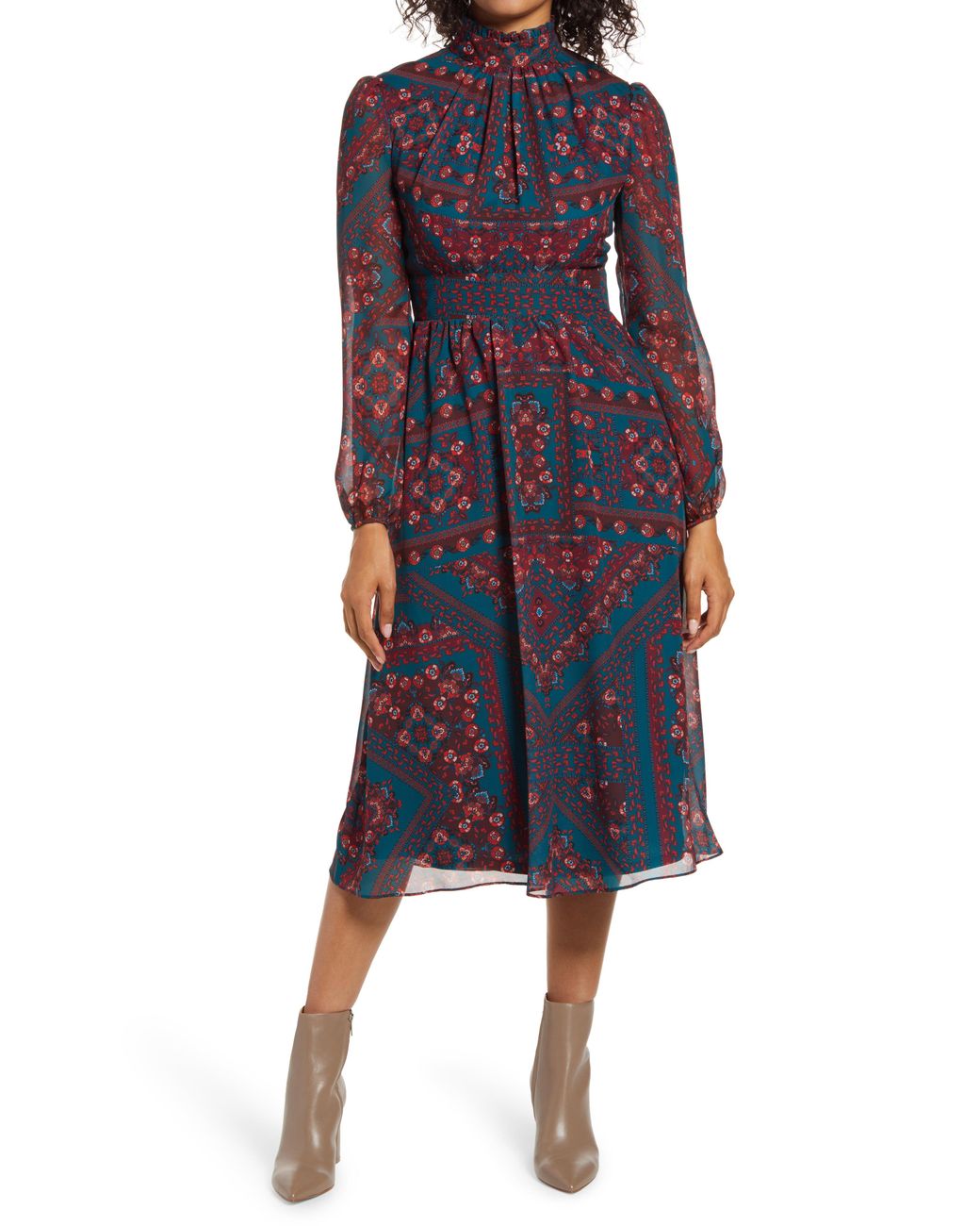 Julia Jordan Tile Print Mock Neck Long Sleeve Midi Dress in Blue | Lyst