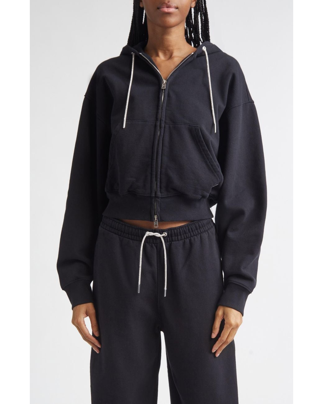 Alexander Wang Black Rhinestone Drawstring Zip Hoodie