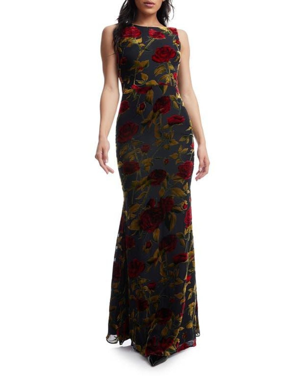Dress the Population Cherilyn Floral Velvet Burnout Open Back Mermaid Gown  in Black | Lyst