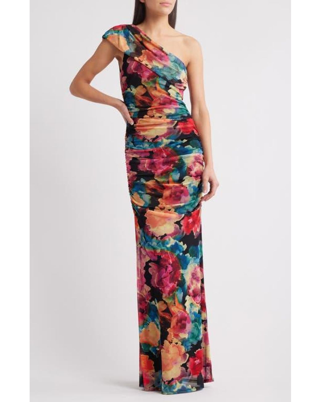 rosario ruched one shoulder maxi dress Black Halo Rosario Ruched One-Shoulder Maxi Dress in Black