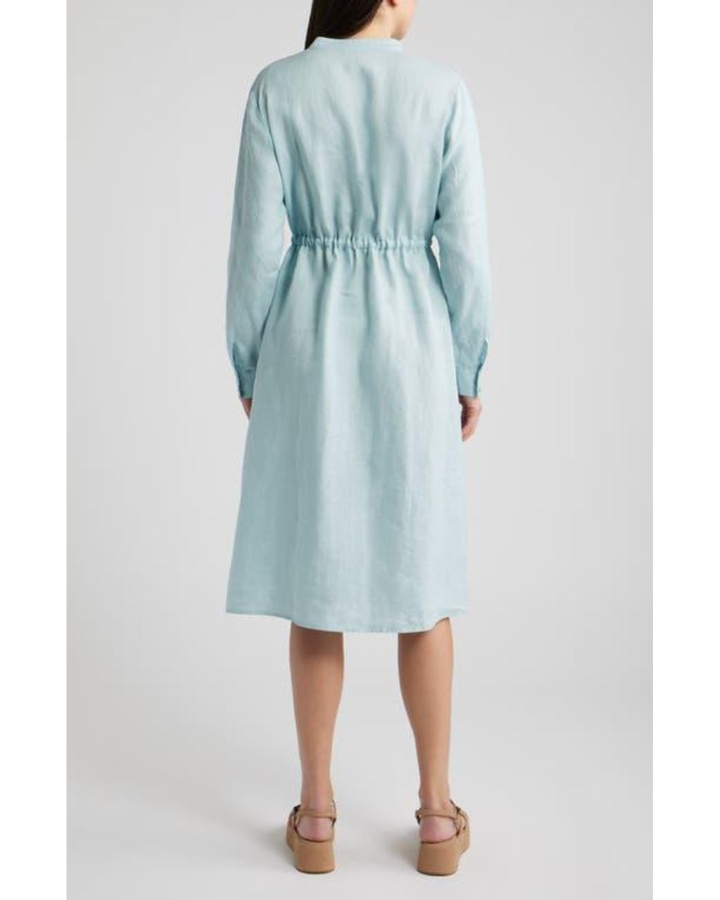 Eileen Fisher Mandarin Collar Long Sleeve Organic Linen Midi Shirtdress in  Blue | Lyst