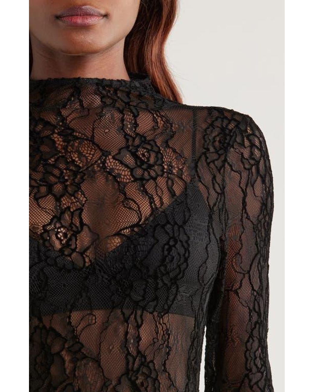 black sheer lace long sleeve top
