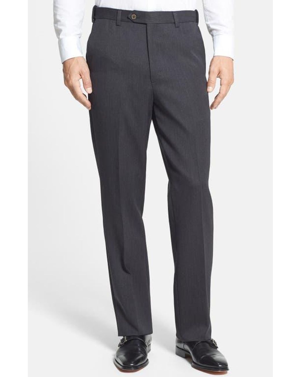 Berle Blue Self Sizer Waist Flat Front Classic Fit Wool Gabardine Trousers for men