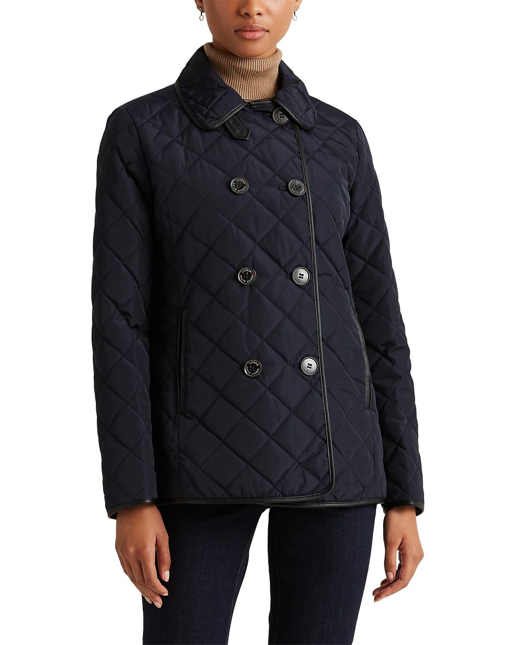 Lauren by Ralph Lauren Double Breasted Quilted Peacoat With Faux