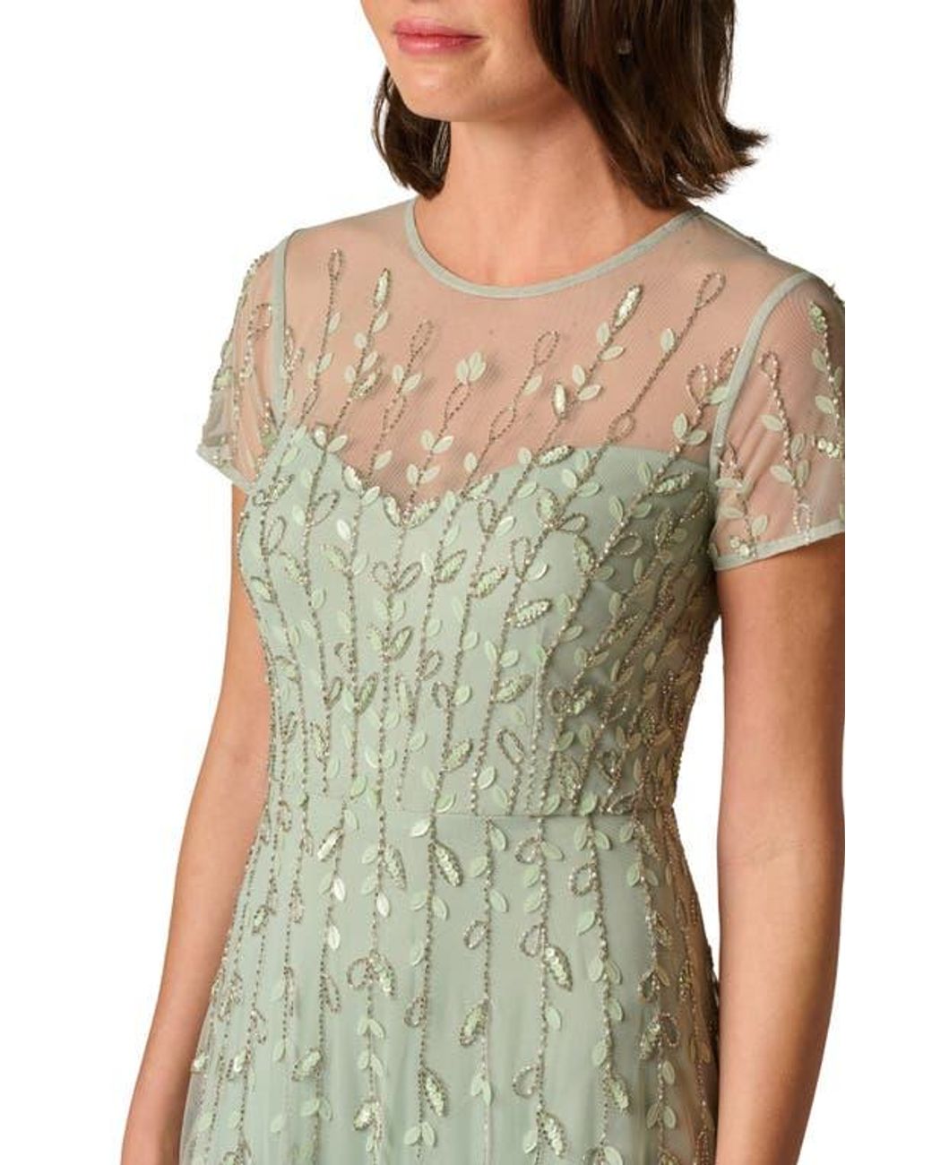 Adrianna Papell Crewneck Beaded 3d Petal Ball Gown in Green | Lyst