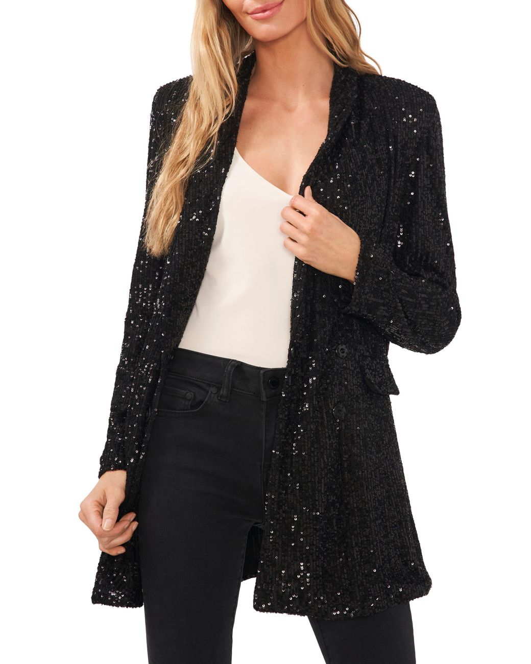 Cece Sequin Double Breasted Blazer in Black | Lyst
