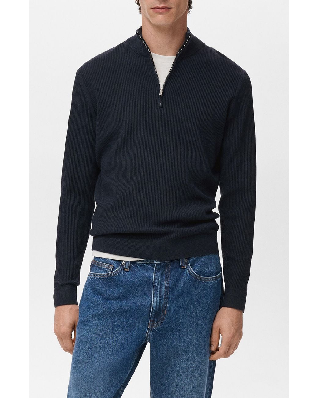Mango Blue Rib Quarter Zip Sweater for men
