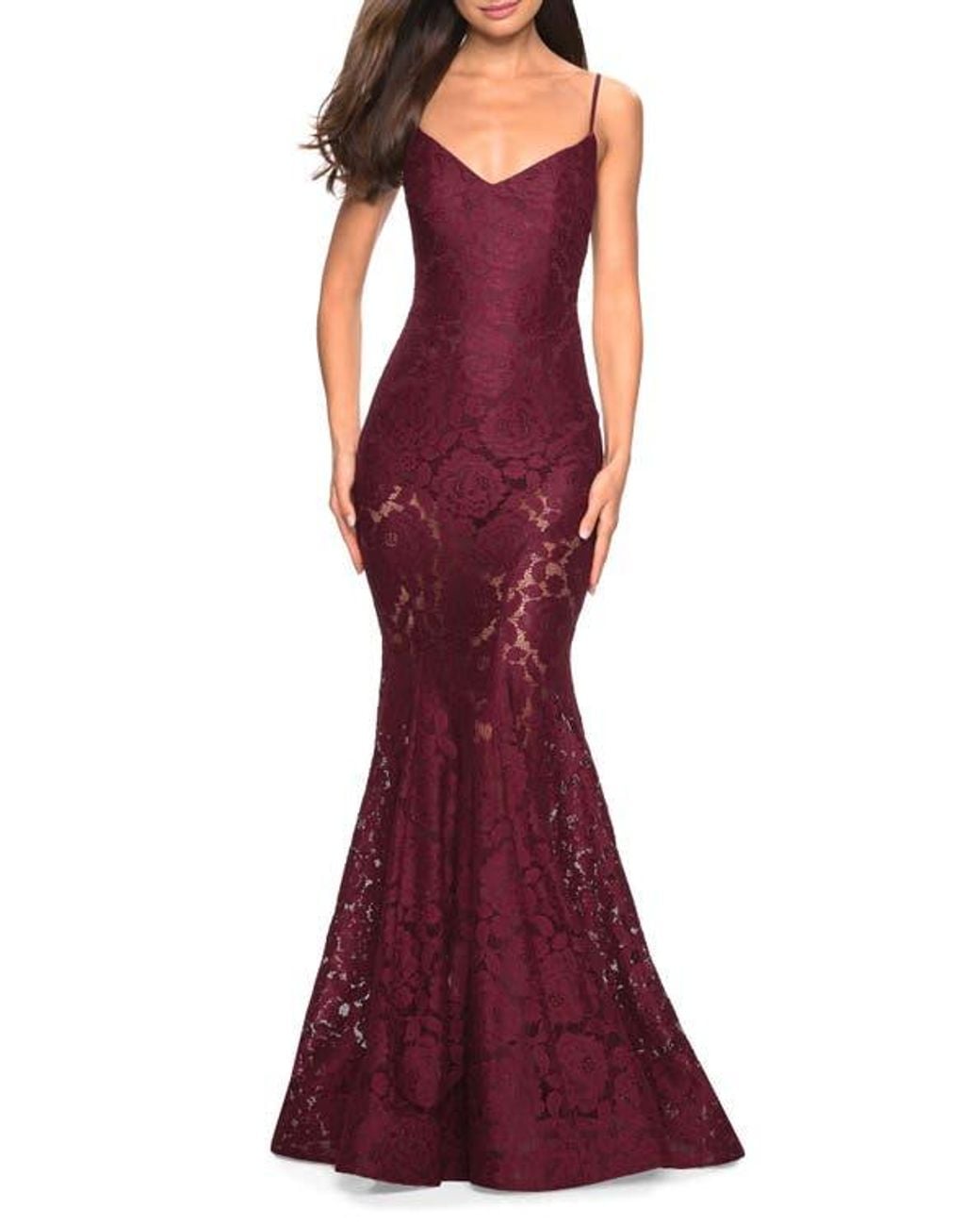 La Femme Long Form Fitting Lace Prom Dress With Attached Shorts in Red |  Lyst