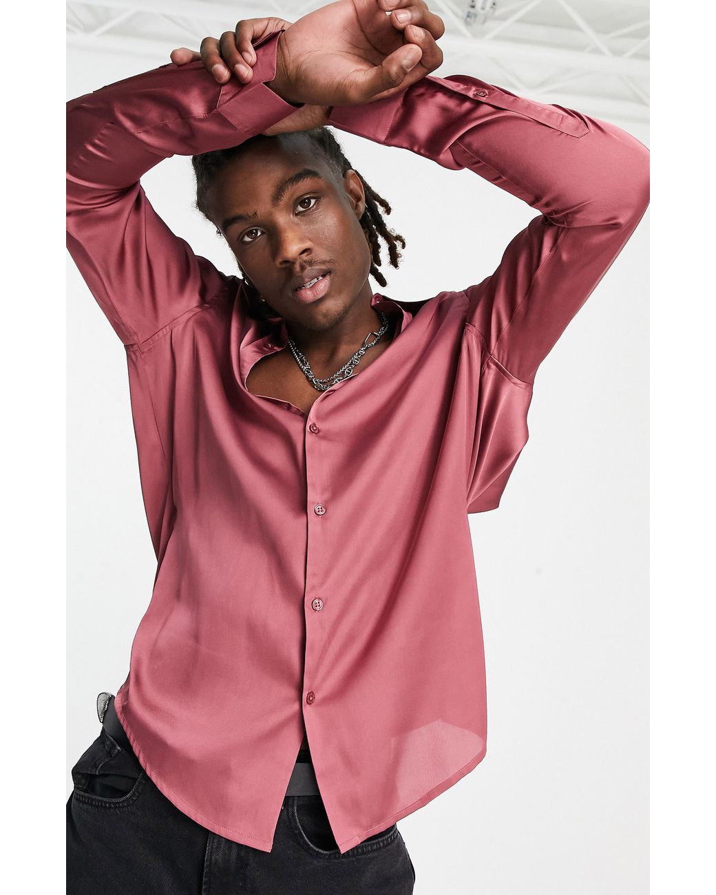 ASOS Cutout Cowl Back Satin Button-up Shirt in Pink for Men | Lyst