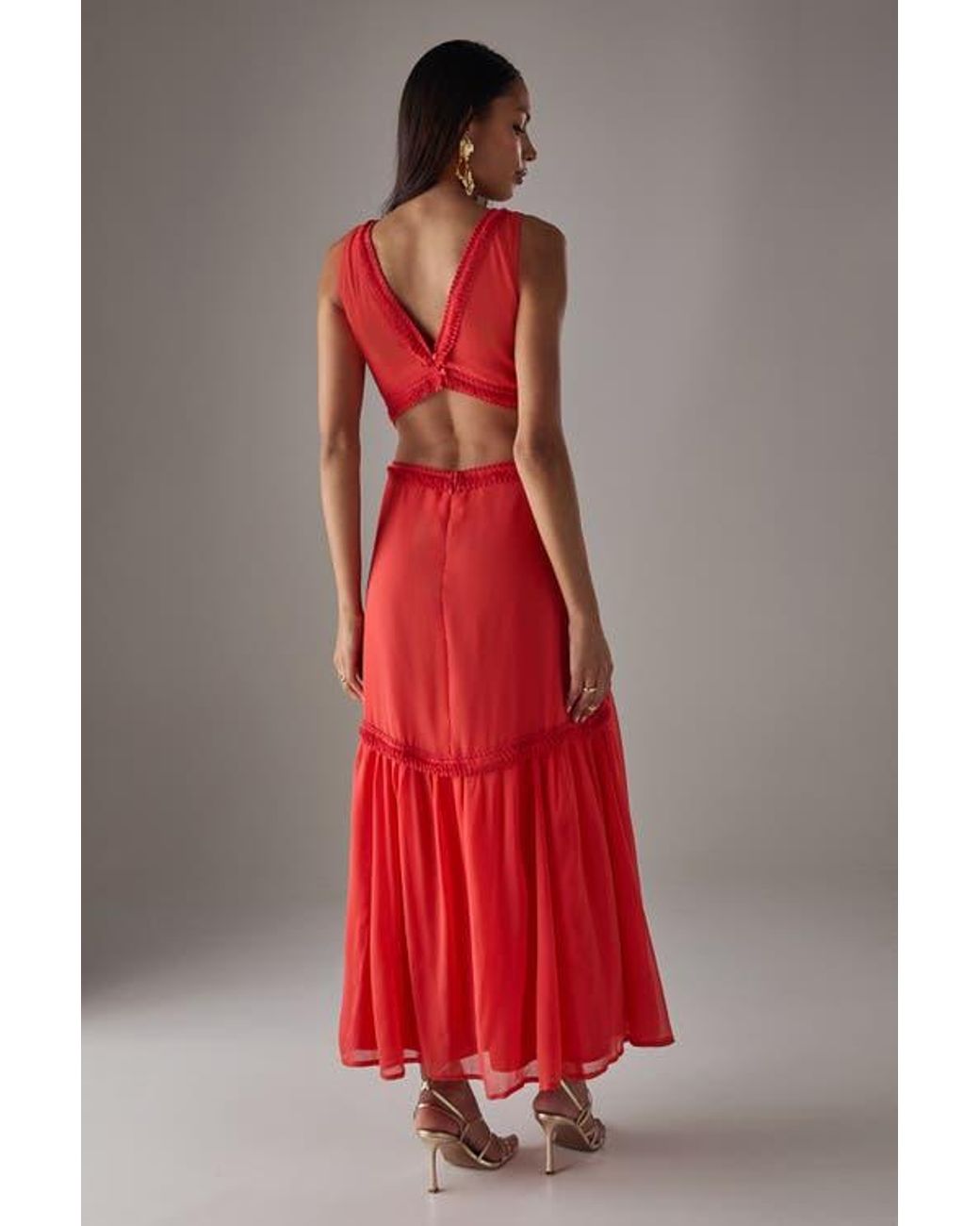Warehouse Red Chiffon Fringe Trim Cut Out Maxi Dress