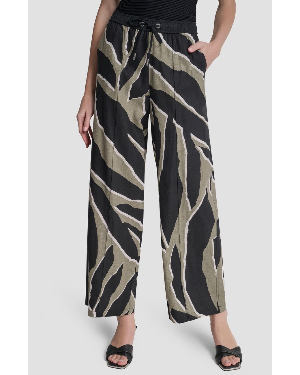 DKNY Black Print Linen Blend Drawstring Pants