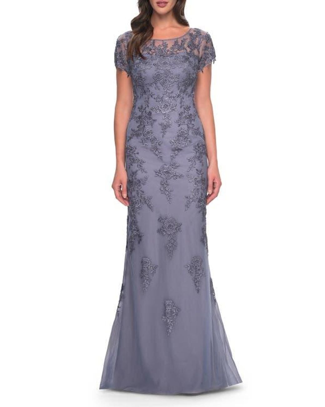 La Femme Lace And Net Fitted Long Mother Of The Bride Dress in Purple