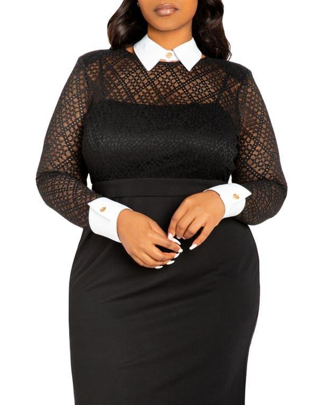Buxom Couture Lace Collar Long Sleeve Midi Dress in Black | Lyst