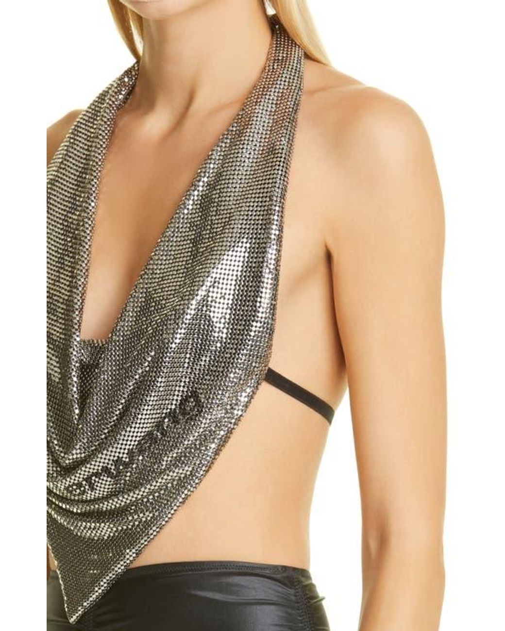 Alexander Wang Logo Chain Mail Crop Cowl Halter Top in Black