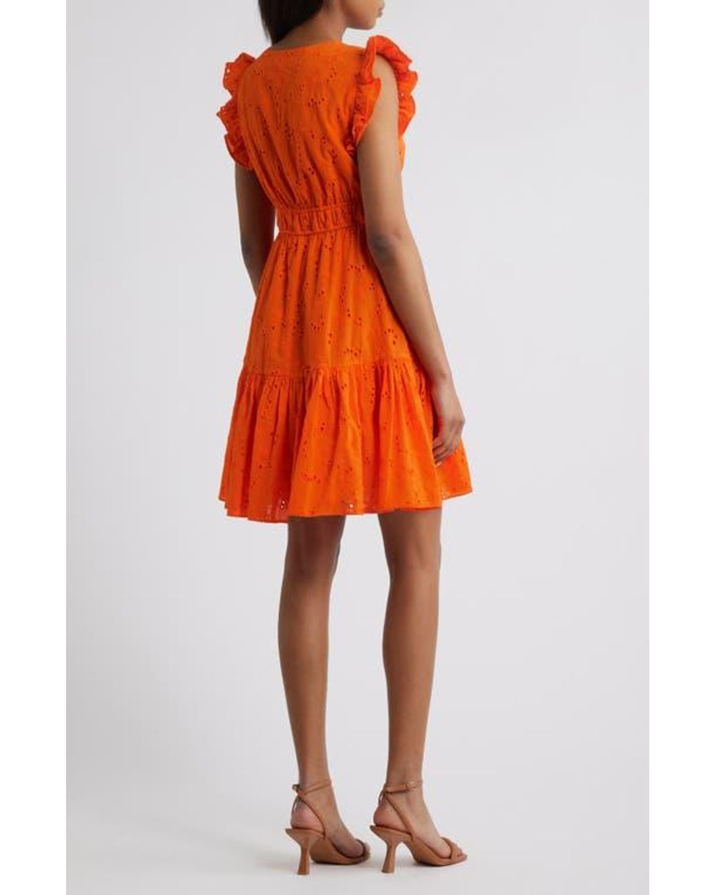 Anne Klein Embroidered Eyelet Cotton Ruffle Dress in Orange | Lyst