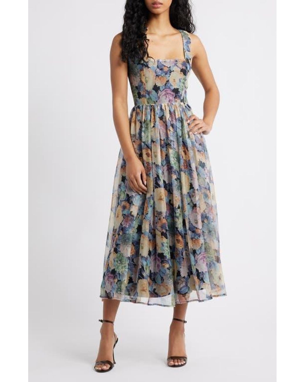 Lulus Logan Floral Square Neck Midi Dress | Lyst