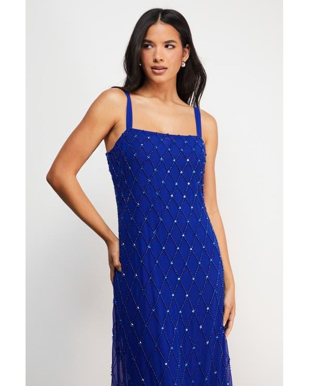 Warehouse Blue Hand Embellished Fringe Hem Midi Dress