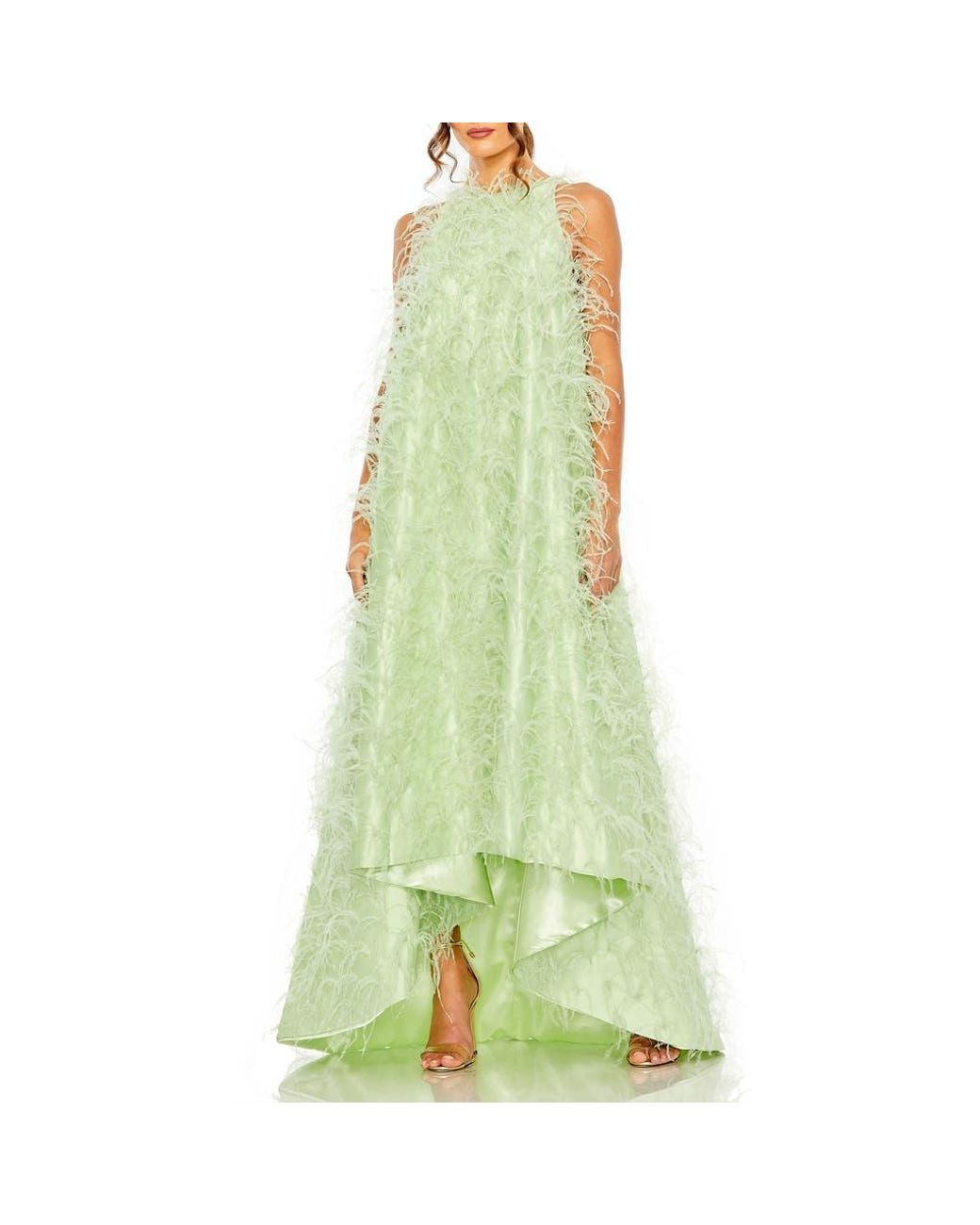 Mac Duggal Satin Feather High-Low Evening Dress With Trapeze Silhouette in  Green | Lyst