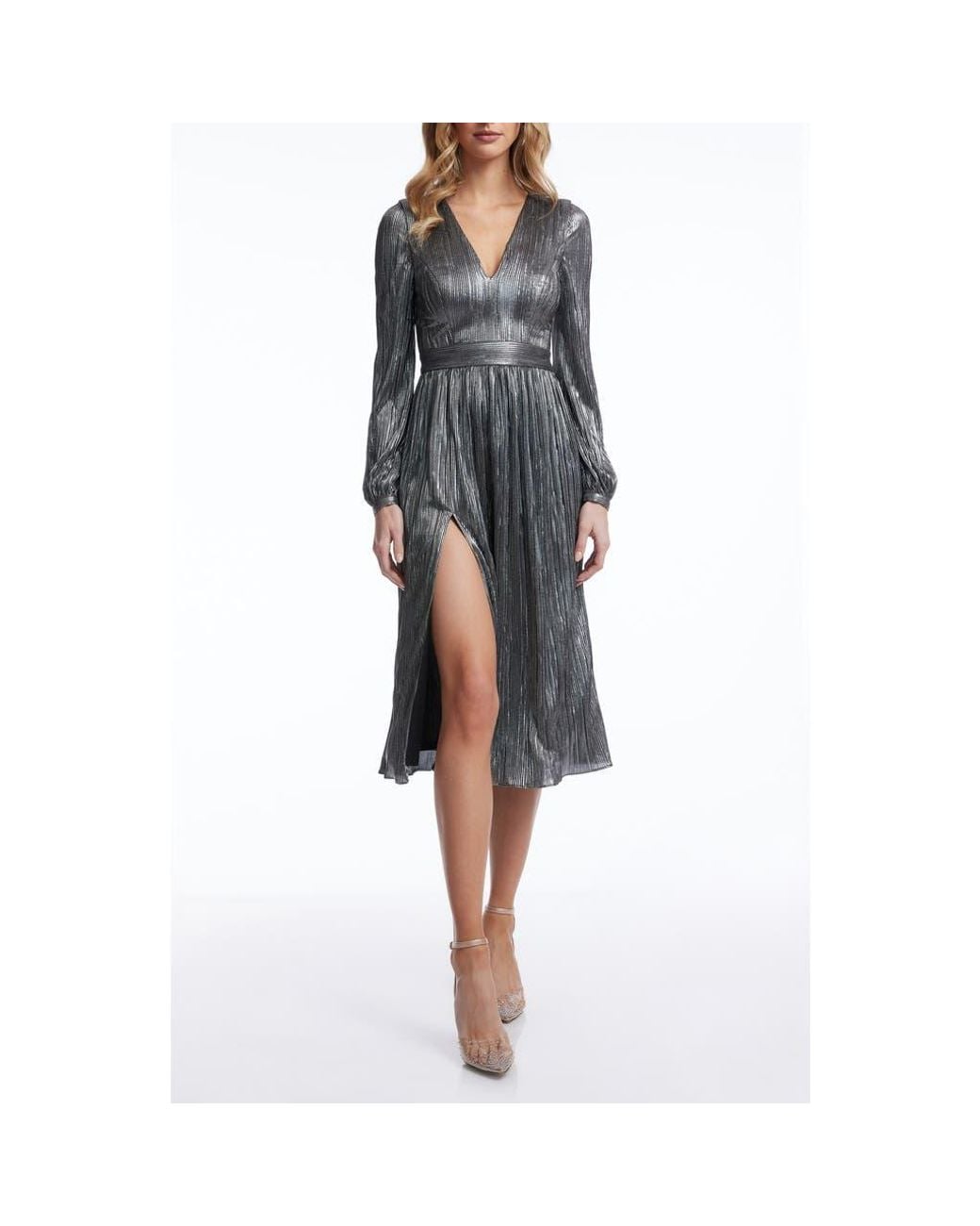 fitted lace wedding dress Shooting Star Metallic Wrap Dress Silver Blue / S