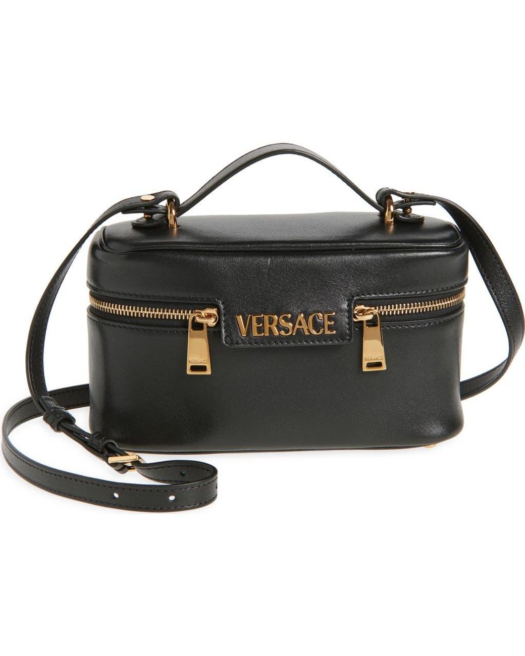 Versace Logo Tag Leather Vanity Bag in Black | Lyst