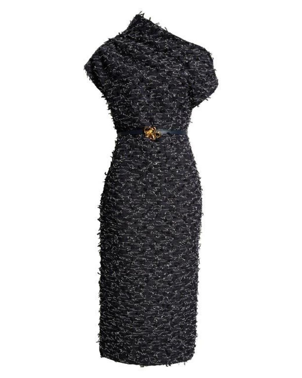 Oscar de la Renta Asymmetric Belted Eyelash Tweed Dress in