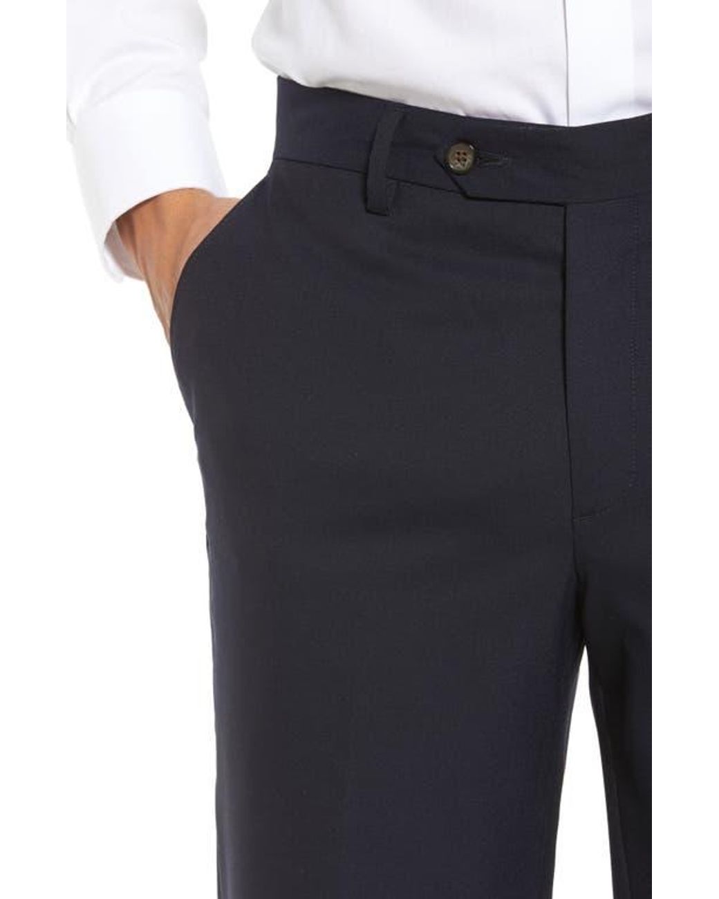 Berle Blue Flat Front Stretch Solid Wool Trousers for men