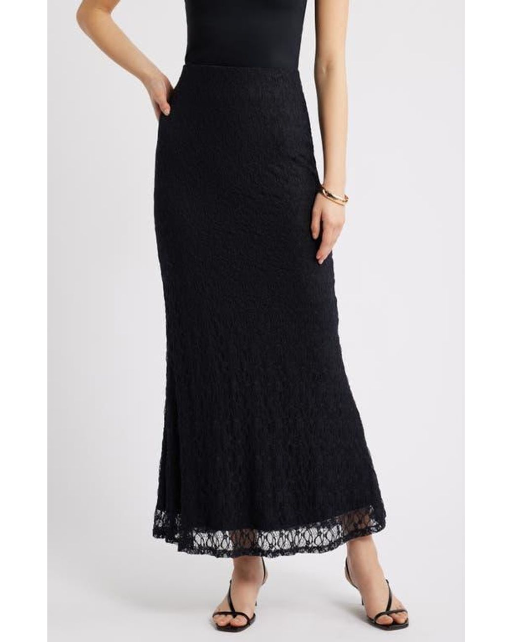 Open Edit Sheer Lace Maxi Skirt in Black | Lyst