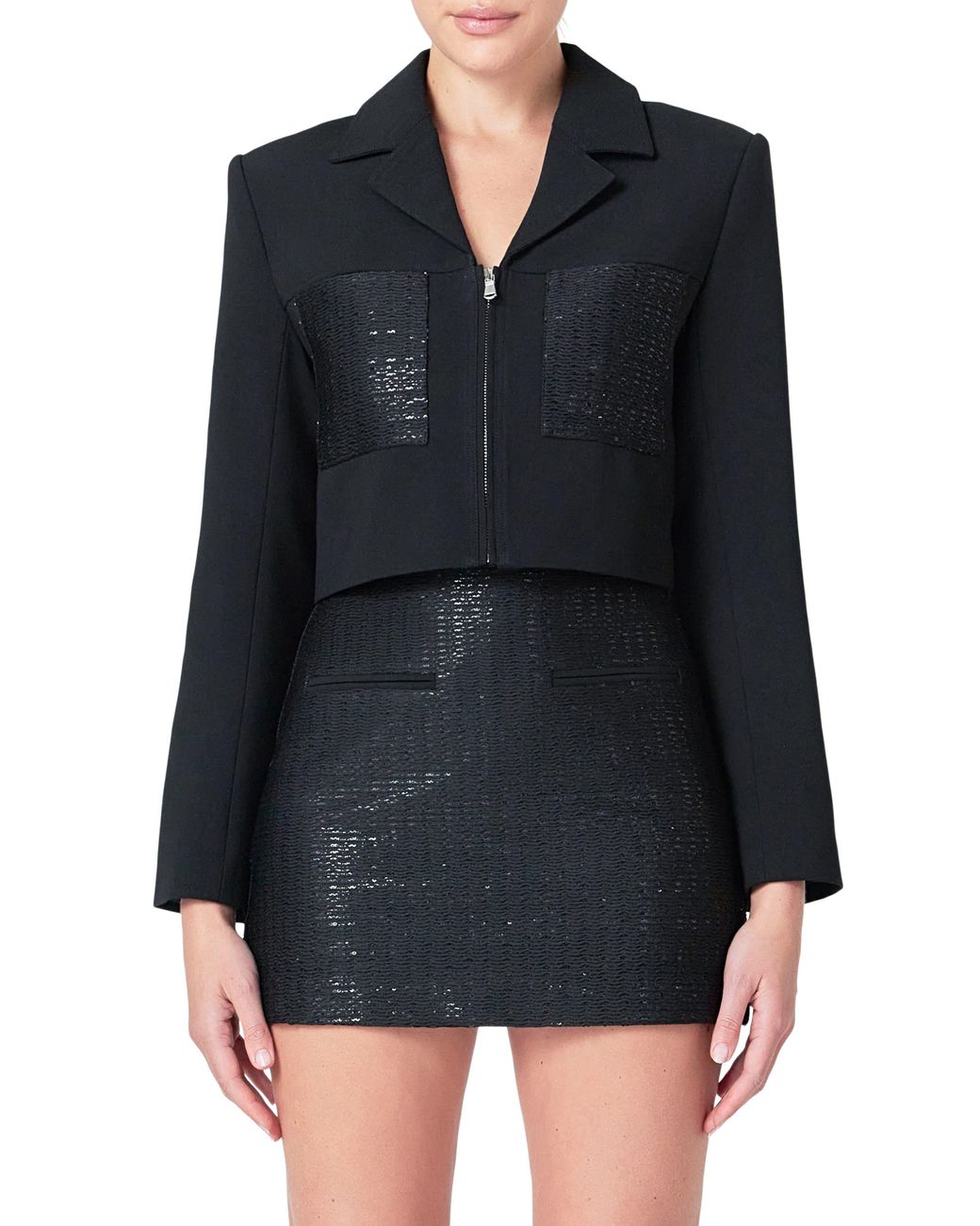 Endless Rose Black Sequin Pocket Crop Blazer